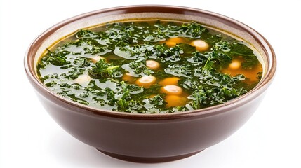 Brown bowl of kale and beans in broth, presented on a white surface