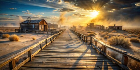 Naklejka premium Wooden walkway leading to old structures in a deserted, dusty landscape at sunset