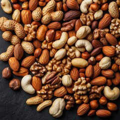 A Mix of Healthy Nuts: A Close-Up of Almonds, Walnuts, Cashews, Hazelnuts, and Peanuts on a Dark Background - A Delicious and Nutritious Snack.