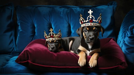 Two adorable puppies wearing jeweled crowns rest regally on a plush burgundy velvet pillow.