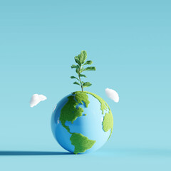 Tree growing from a green earth globe with clouds in a bright blue sky. Earth Day. 3d rendering