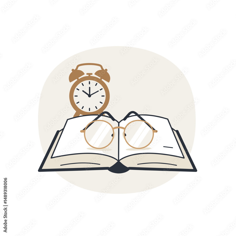 Poster open book with glasses and alarm clock symbolizing reading time