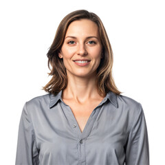 Confident Mature Woman Smiling Gray Shirt Studio Portrait