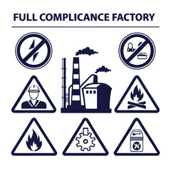 All types of factory Compliance danger signs icon silhouette