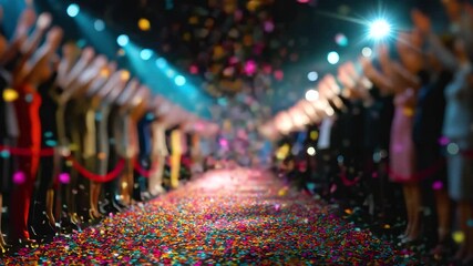 Confetti explosion on red carpet with blurred crowd applauding and colorful festive lights creating energetic celebration atmosphere - Powered by Adobe