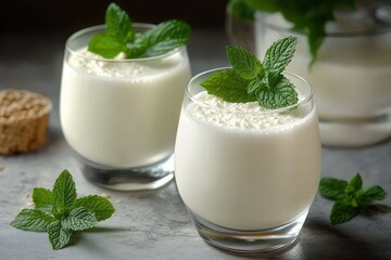 Creamy white yogurt or smoothie drinks in clear glasses garnished with fresh green mint leaves on a gray surface with scattered mint sprigs and a cork stopper in the background
