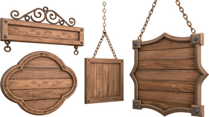 Naklejka premium Set of four wooden hanging signs in various shapes and styles.