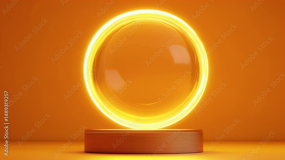 Poster a glowing yellow ring on an orange background is floating in the air, creating a circular podium wit