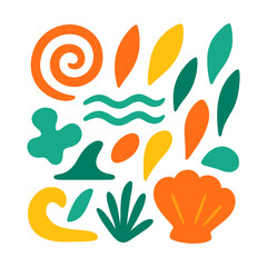 Abstract modern vector sea ocean vacation elements, Colorful vector set of abstract summer doodles, Hand drawn Matisse ocean collection, Set of cute summer icons, tropical palm leaves, fruits, food, 
