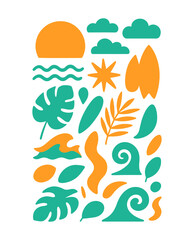 Fototapeta premium Abstract modern vector sea ocean vacation elements, Colorful vector set of abstract summer doodles, Hand drawn Matisse ocean collection, Set of cute summer icons, tropical palm leaves, fruits, food, 