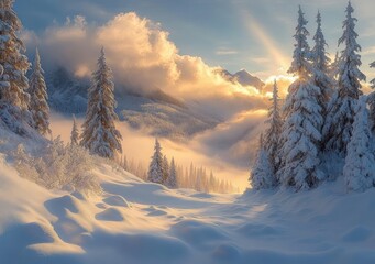 Sunlit snowy mountain landscape with tall pine trees covered in fresh snow under a partly cloudy sky emitting warm golden light