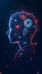 An abstract concept of digital identity portrayed through a fragmented silhouette filled with biometric icons like retina, fingerprint, and face scan surrounded by floating data nodes and neon cyber s