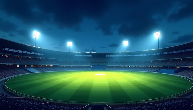 A panoramic night view of a professional cricket stadium with bright floodlights illuminating the lush green pitch and perfectly maintained outfield, surrounded by empty seating stands and a dramatic 