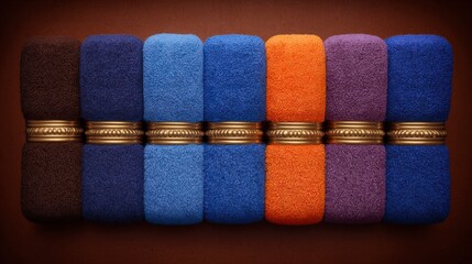 Colorful Rolled Towels with Golden Bands on Brown Background