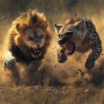 Wrathful Encounter: A Lion and Hyena Clash in a Furious Burst of Savanna Dust and Fury, Revealing the Raw Power and Intensity of Wild Predators in Confrontation.