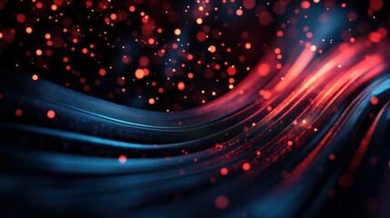Obraz premium Red and blue abstract wave, glowing particles, dark background, design element