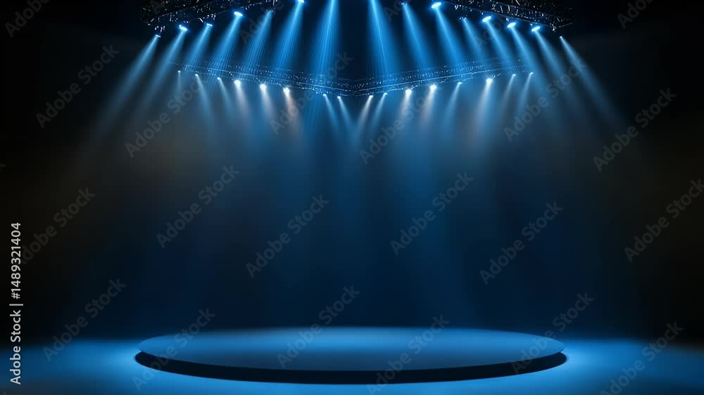 Poster blue spotlight shining down on an empty stage, with the light creating shadows and highlights. web b