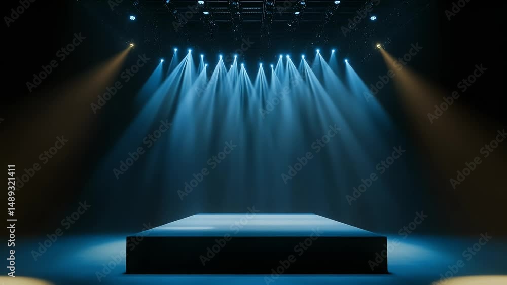 Poster blue spotlight shining down on an empty stage, with the light creating shadows and highlights. web b