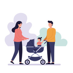 Young family with stroller in park during daytime - Concept of travel  