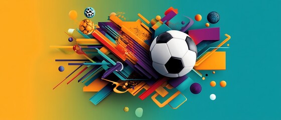 Soccer ball with colorful abstract geometric shapes on a gradient background