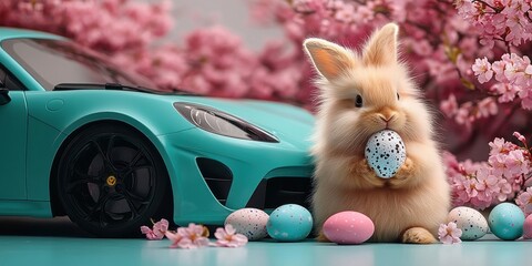 Fluffy light brown bunny holding a speckled blue egg surrounded by pastel-colored eggs and pink cherry blossom flowers next to a turquoise sports car