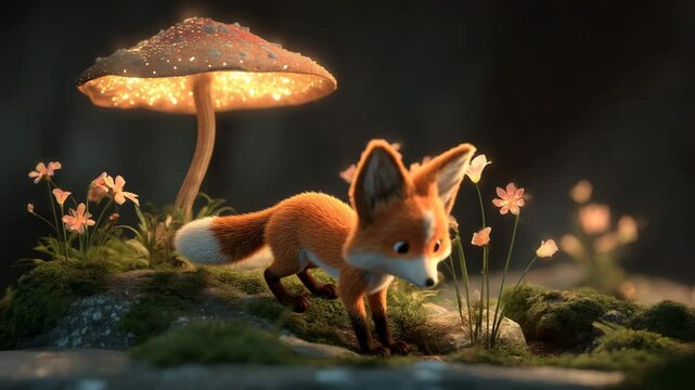 Adorable red fox kit exploring a magical forest scene at night. Glowing mushroom illuminates mossy rocks and delicate pink flowers. Soft lighting enhances the whimsical atmosphere.