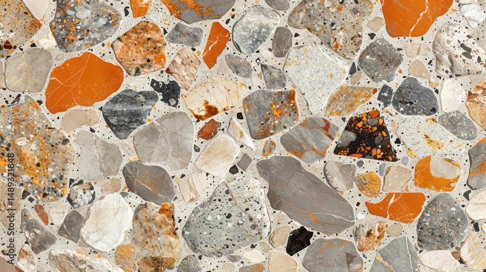 Poster clean and modern terrazzo pattern in orange with embedded mineral chips of varying sizes in neutral 