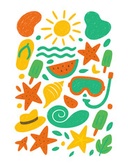 Abstract modern vector sea ocean vacation elements, Colorful vector set of abstract summer doodles, Hand drawn Matisse ocean collection, Set of cute summer icons, tropical palm leaves, fruits, food, 