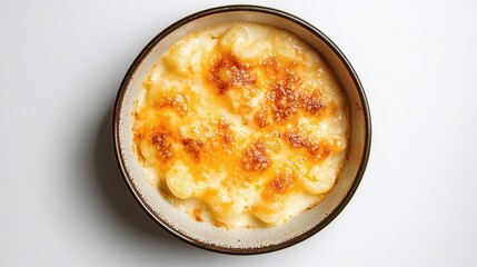 Baked macaroni and cheese in a bowl; golden crust against white background