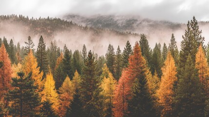 Misty Autumn Forest Landscape with Colorful Trees and Mountains