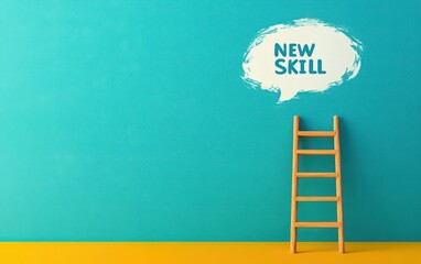 Wooden ladder against turquoise wall with yellow floor and speech bubble containing text new skill, symbolizing growth and learning opportunity