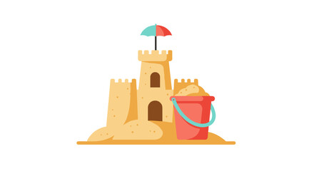 Sandcastle with colorful bucket and umbrella on the beach concept of travel  