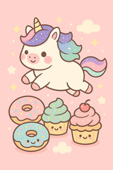 Kawaii Chubby magical unicorn and cupcakes