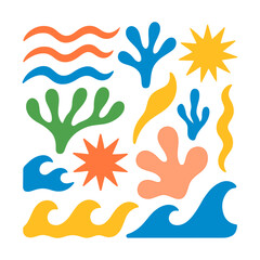 Fototapeta premium Abstract modern vector sea ocean vacation elements, Colorful vector set of abstract summer doodles, Hand drawn Matisse ocean collection, Set of cute summer icons, tropical palm leaves, fruits, food, 