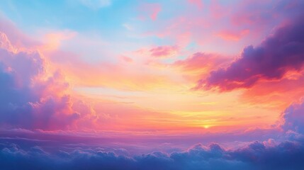 Obraz premium Vibrant sunrise or sunset over a sea of clouds with soft pastel colors blending from deep blue to pink and orange hues creating a peaceful sky