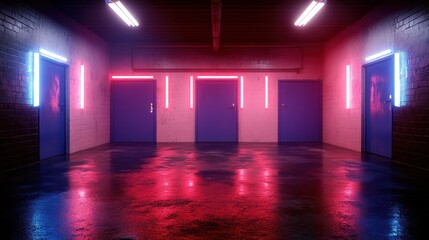 Neon-lit corridor with doors