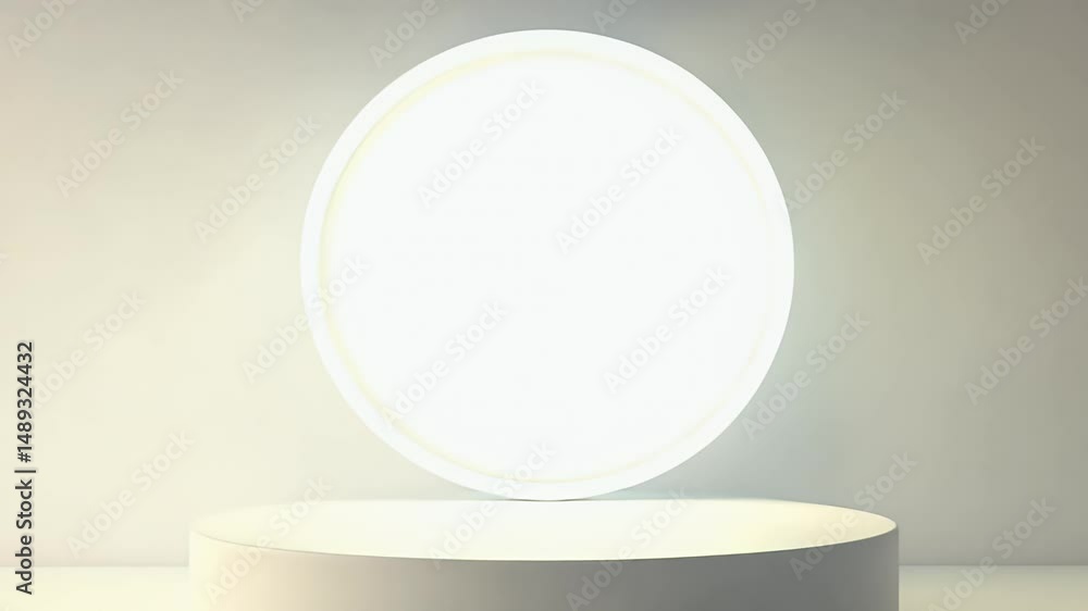 Poster white circular circular product podium. the front view of the round led panel lights is placed on an