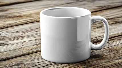 Plain white ceramic mug sits on a wooden surface.