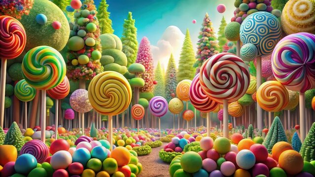Colorful lollipop forest with towering trees and twisting vines covered in colorful candies, desserts, lollipops