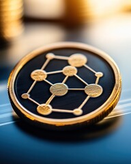 Cryptocurrency coin with network design on tech background suggests future finance industry use
