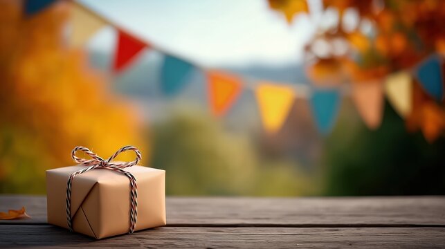 Simple wrapped gift with decorative bunting on soft blurred background in warm autumn colors and bokeh effects. Seasonal celebration concept for festive holidays, birthday party, Christmas, or anniver