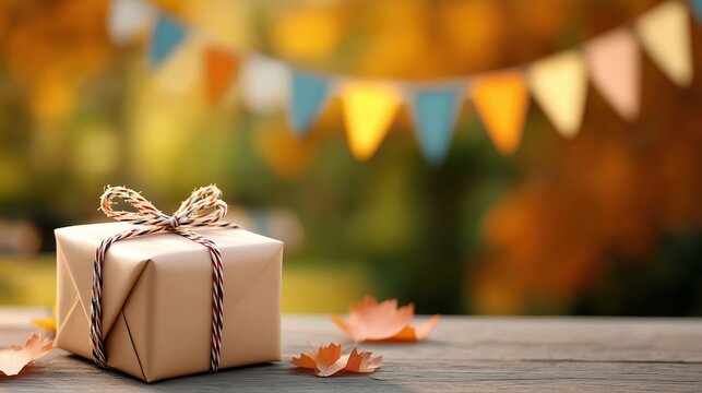 Simple wrapped gift with decorative bunting on soft blurred background in warm autumn colors and bokeh effects. Seasonal celebration concept for festive holidays, birthday party, Christmas, or anniver - Powered by Adobe