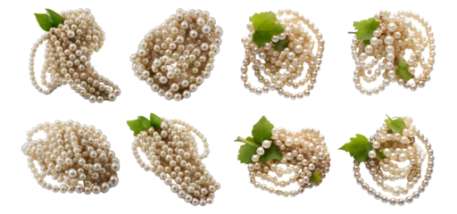 Elegant pearl strands with green leaves arranged artistically, Isolated on Transparent, white background