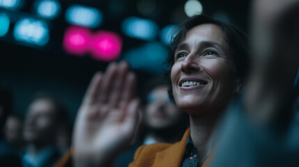 Appreciative Glance in the Audience: A middle-aged woman raises her hand in joyful recognition. with other audience. showing her attention to show and appreciation for the event