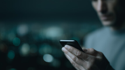 Modern Man and Mobile Device: Focused man interacts with mobile, bathed in soft city lights, embodying the essence of modern communication.