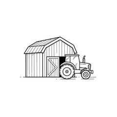 Tractor parked beside wooden barn in rural landscape outline   