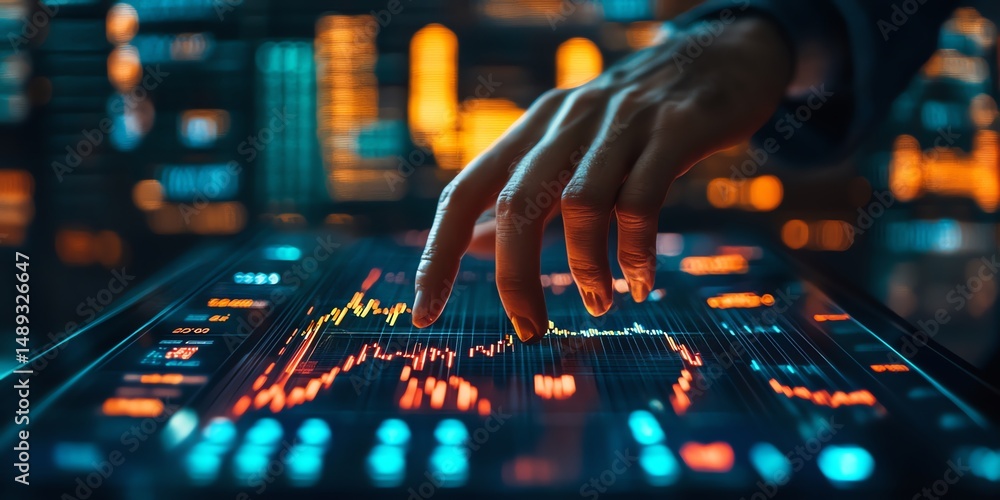 Poster hand interacting with vibrant data visualization on a sleek display