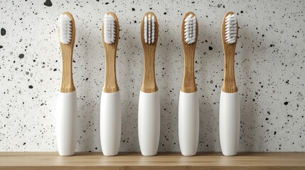 Five bamboo toothbrushes on wooden shelf minimalist design clean and simple aesthetic