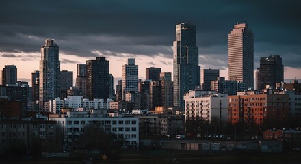 Naklejka premium Modern Cityscape with High Rise Buildings Under Dramatic Skies