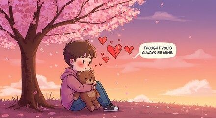 Naklejka premium Heartbroken Teen Boy Vector Hugging Teddy Bear – Cute Pastel Style Broken Love Illustration